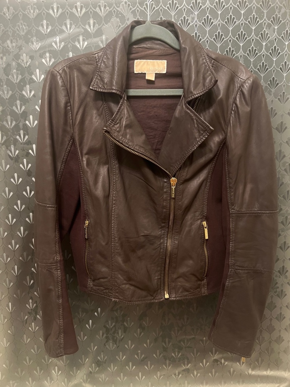 Michael Kors Dark Brown Leather Moto Jacket with Gold Zippers